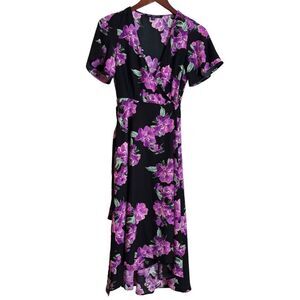 One Clothing Los Angeles Black & Purple Floral Short Sleeve True Wrap Dress XS